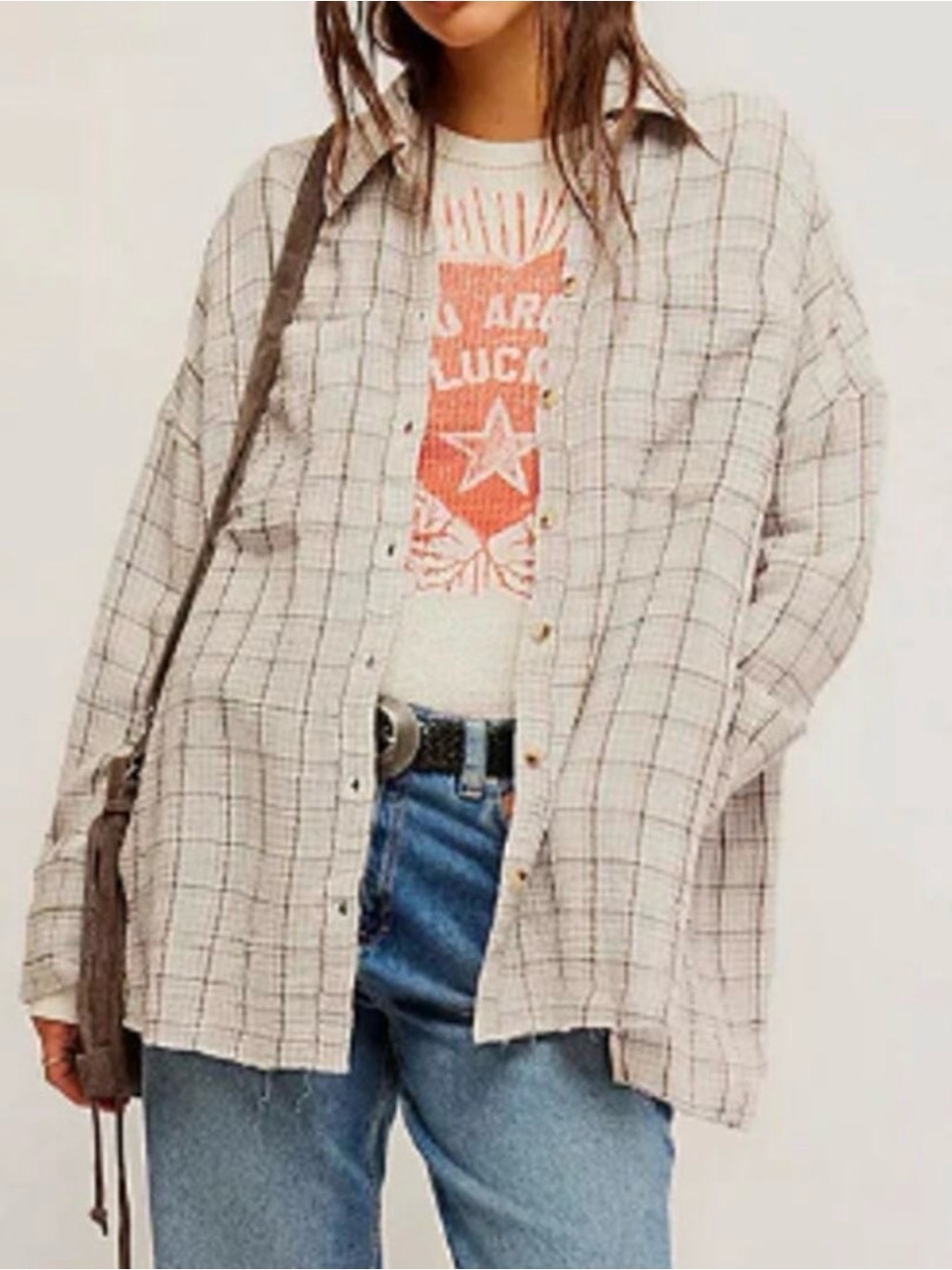 We The Free Beige & Black Plaid Button-Down Shirt